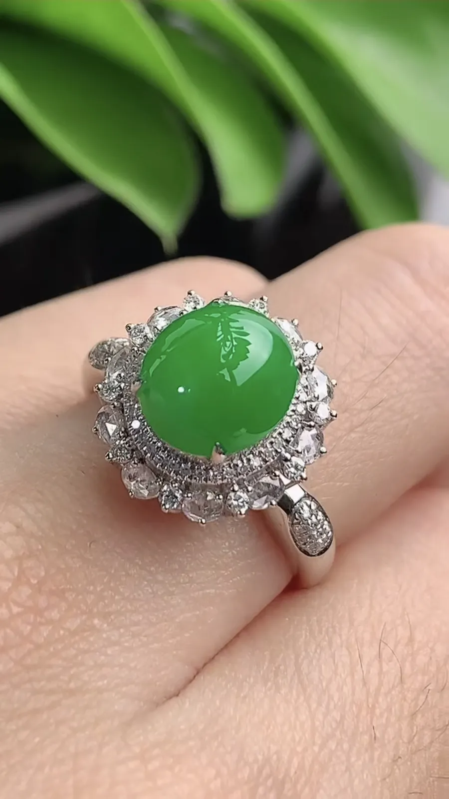 a货翡翠老坑冰种18K金伴钻镶嵌阳绿蛋面戒指 圈口17.7裸石尺寸9×8.6mm 重量3.74g 1203