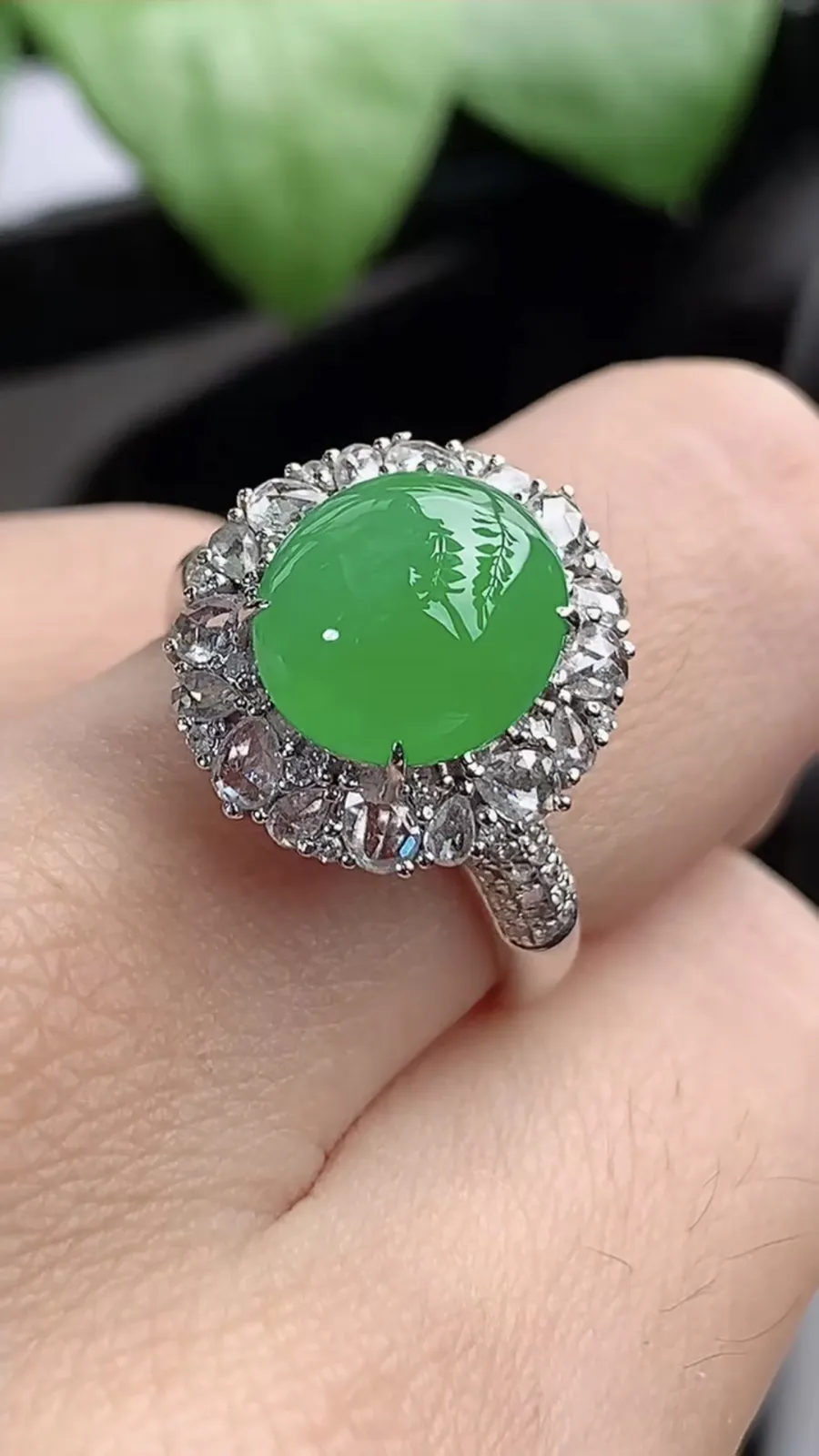 a货翡翠老坑冰种18K金伴钻镶嵌阳绿蛋面戒指 圈口17.3裸石尺寸10.2×9mm 重量5.05g 1204