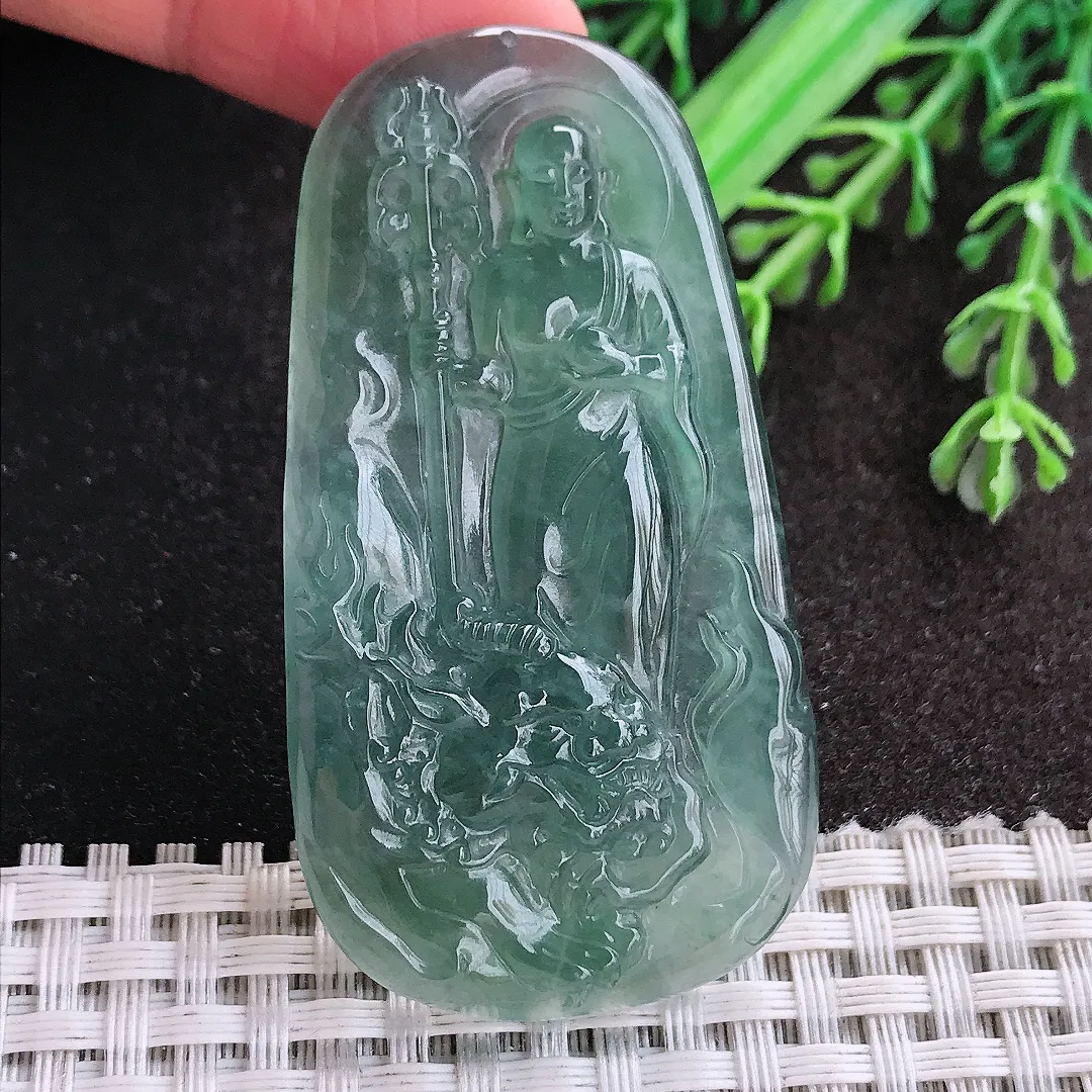 天然A货翡翠58.9/31.8/5.3老坑冰胶水灵蓝韵地藏王菩萨吊坠翡翠玉挂件