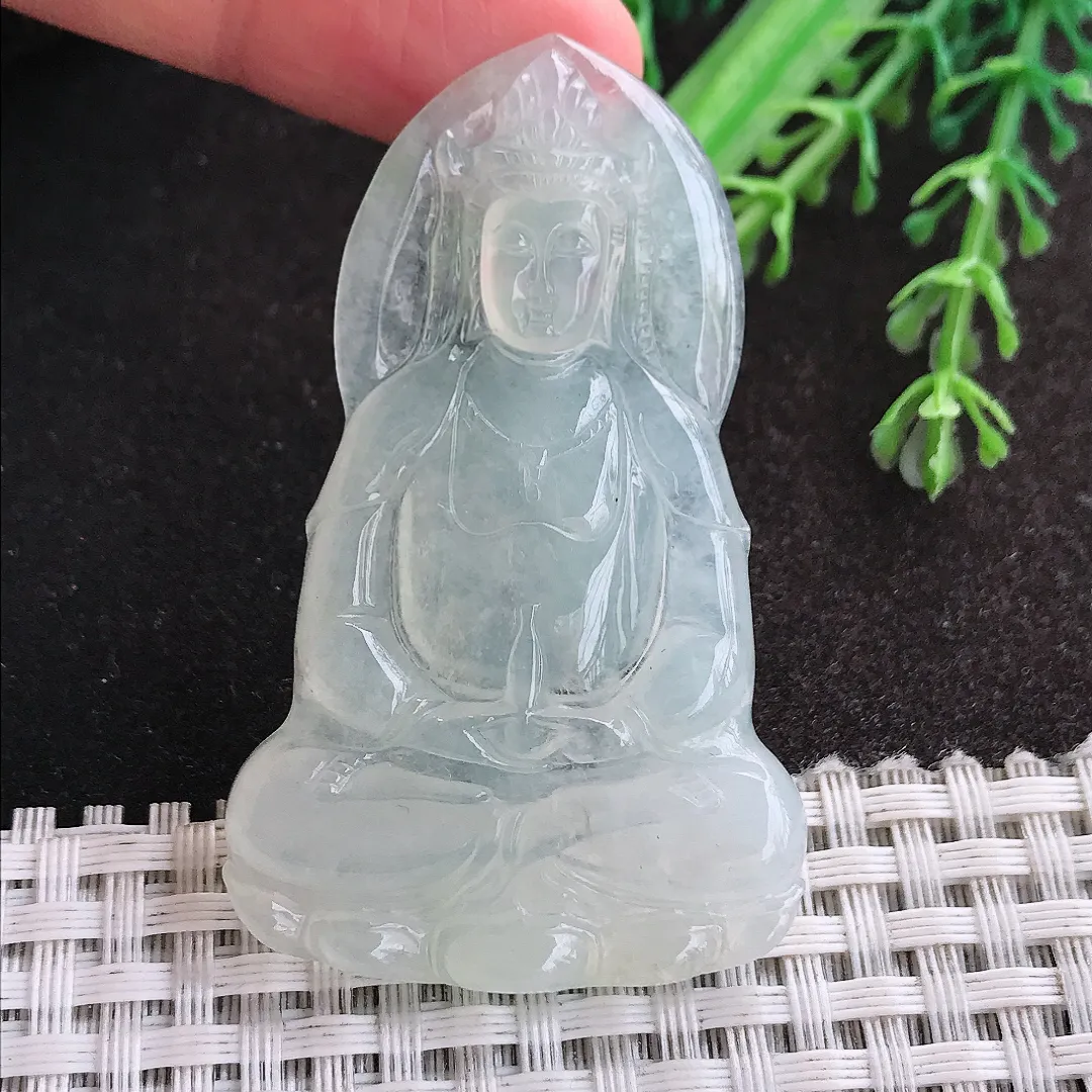 天然A货翡翠56.3/35.2/5老坑冰透起胶观音菩萨吊坠翡翠玉挂件