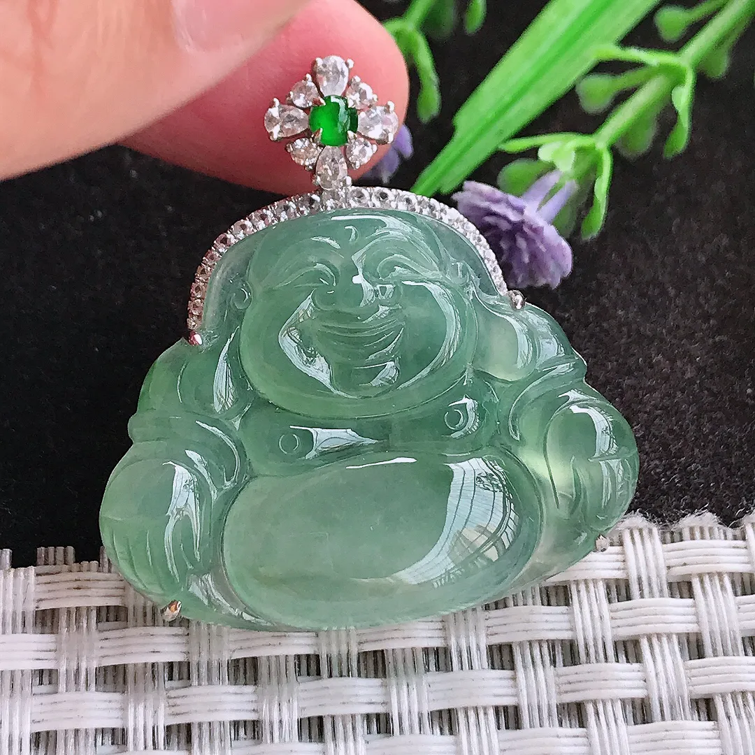 天然A货翡翠36.3/34.7/7.8老坑18k金镶嵌冰种冰晴绿佛公吊坠翡翠玉佛挂件