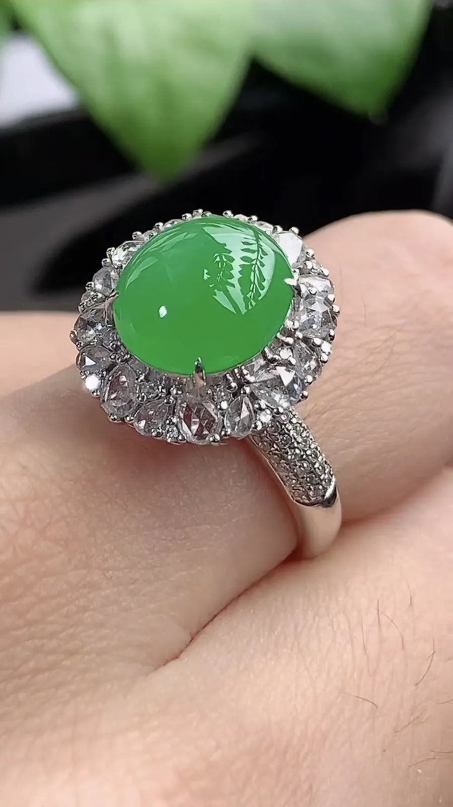 a货翡翠老坑冰种18K金伴钻镶嵌阳绿蛋面戒指 圈口17.3裸石尺寸10.2×9mm 重量5.05g 1204