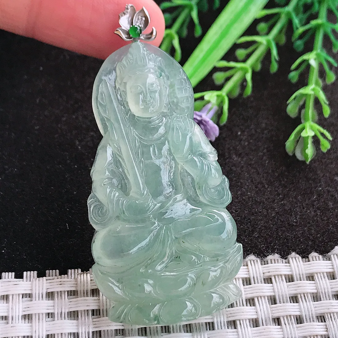 天然A货翡翠52/28/5.5老坑18k金镶嵌冰种冰晴绿渡母菩萨吊坠翡翠玉挂件