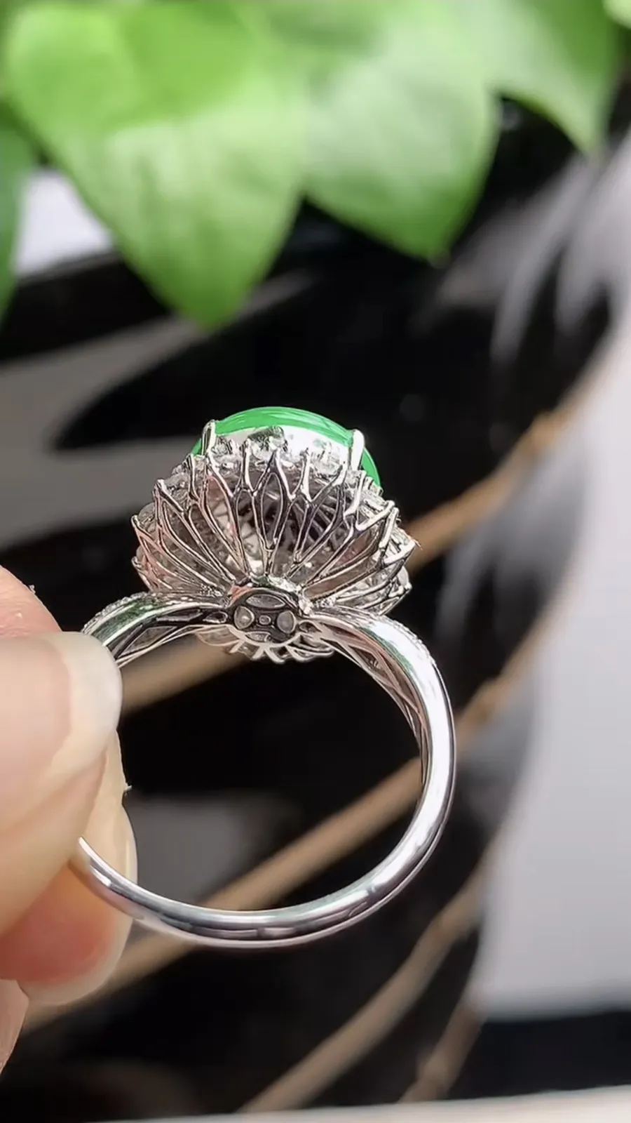 a货翡翠老坑冰种18K金伴钻镶嵌阳绿蛋面戒指 圈口17.6裸石尺寸11.5×10.5mm 重量3.82g 1204