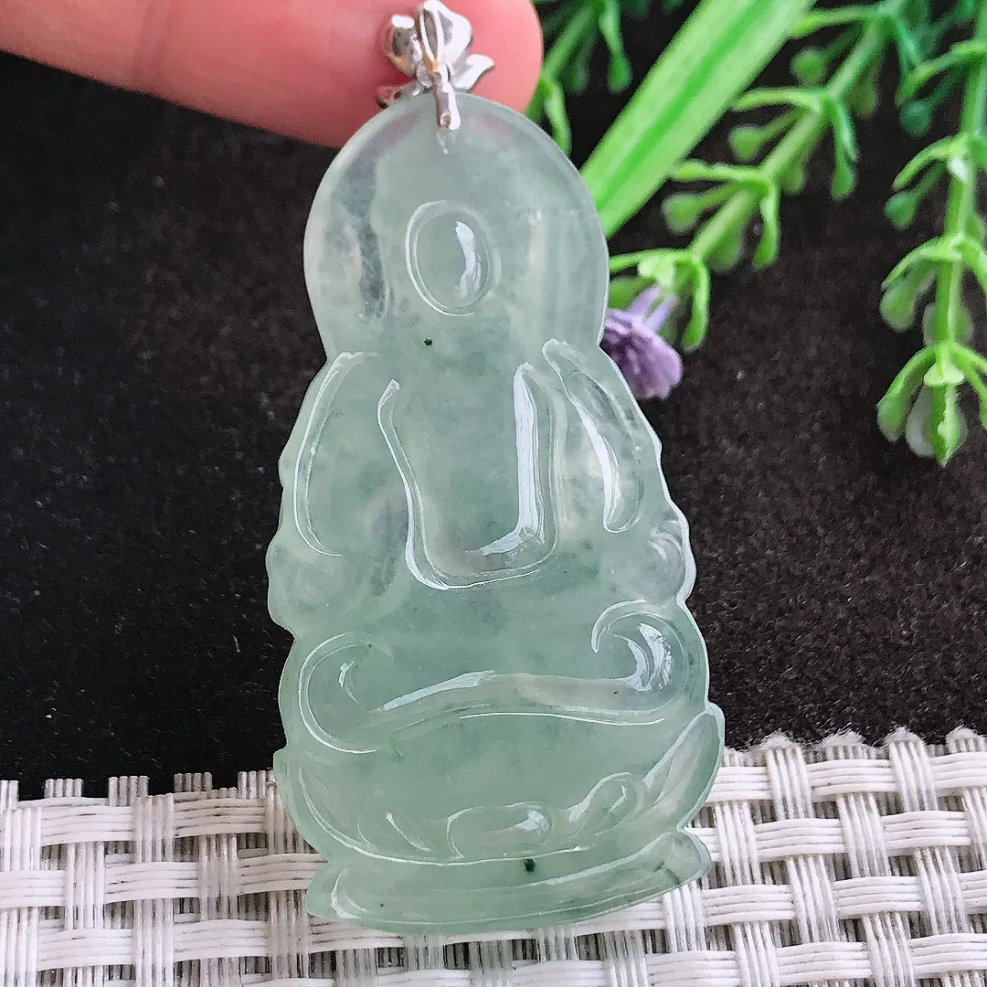 天然A货翡翠52/28/5.5老坑18k金镶嵌冰种冰晴绿渡母菩萨吊坠翡翠玉挂件