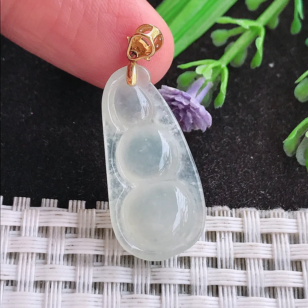 天然A货翡翠28/13.6/6.3老坑18k金镶嵌冰种四季豆吊坠翡翠福豆挂件