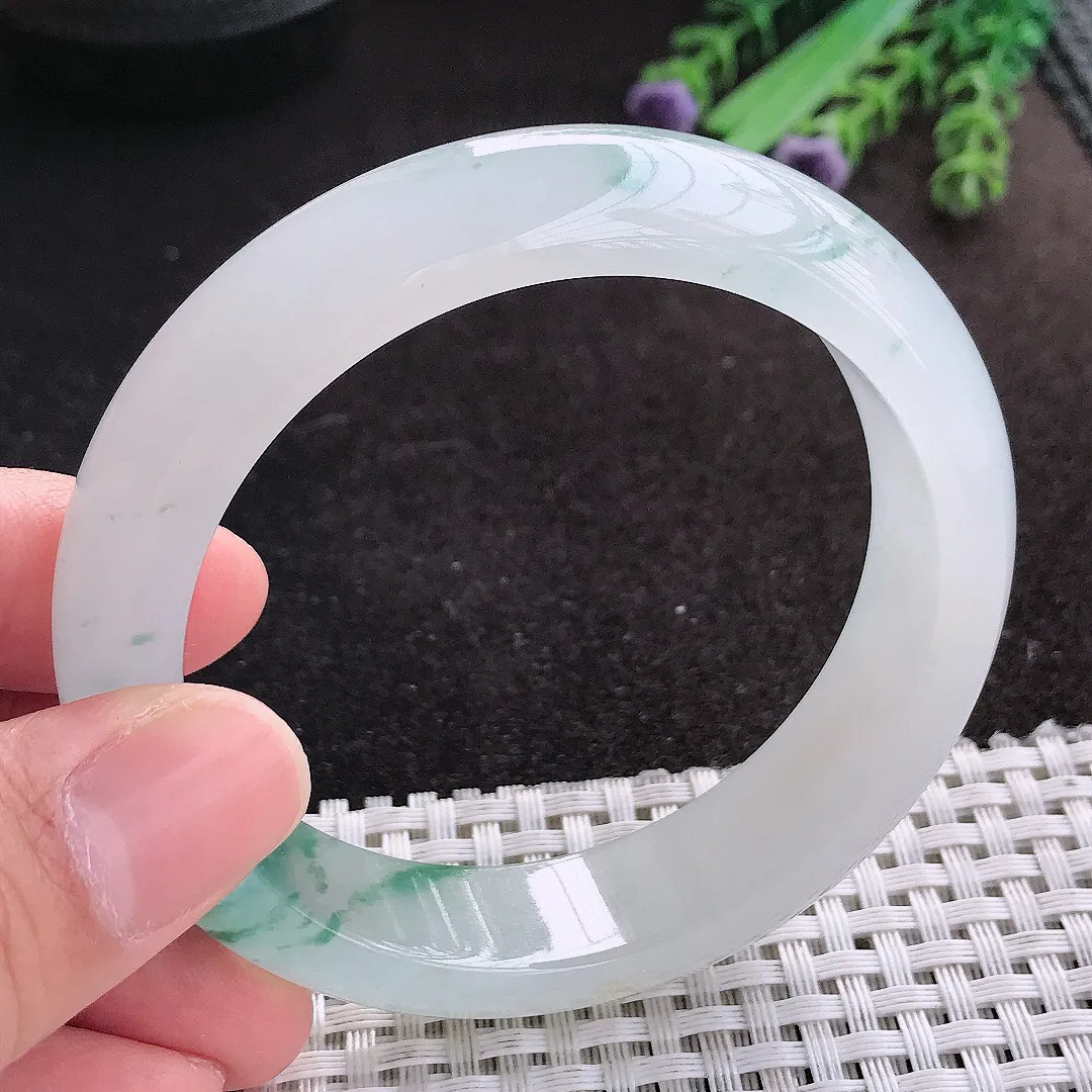 天然A货翡翠57/14.8/8.6老坑冰透果冻胶冰飘花手镯宽边玉镯