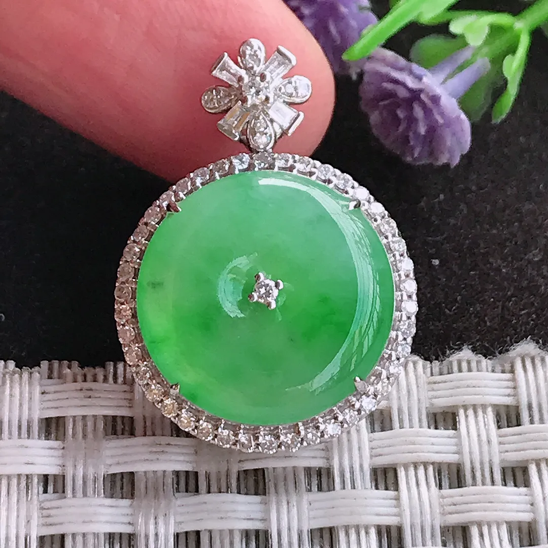 天然A货翡翠25.9/18.9/7.5老坑18k金镶嵌冰阳绿平安扣吊坠翡翠玉扣挂件