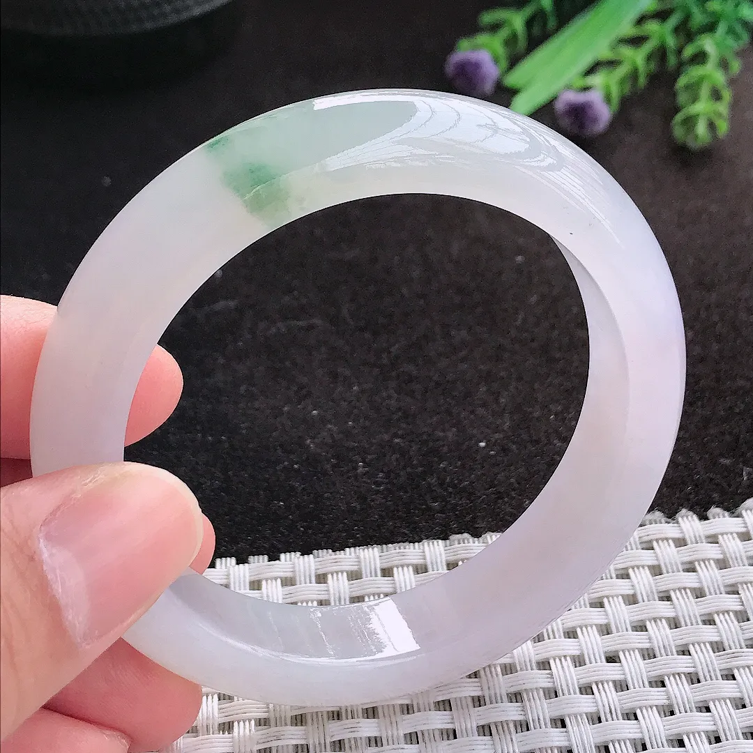 天然A货翡翠54/12.1/8.5老坑冰透果冻胶飘花手镯宽边玉镯