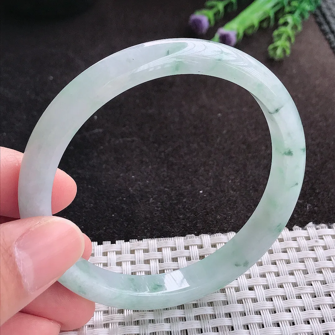 天然A货翡翠60.5/9.5/7.2老坑秀气冰润飘花手镯宽边玉镯