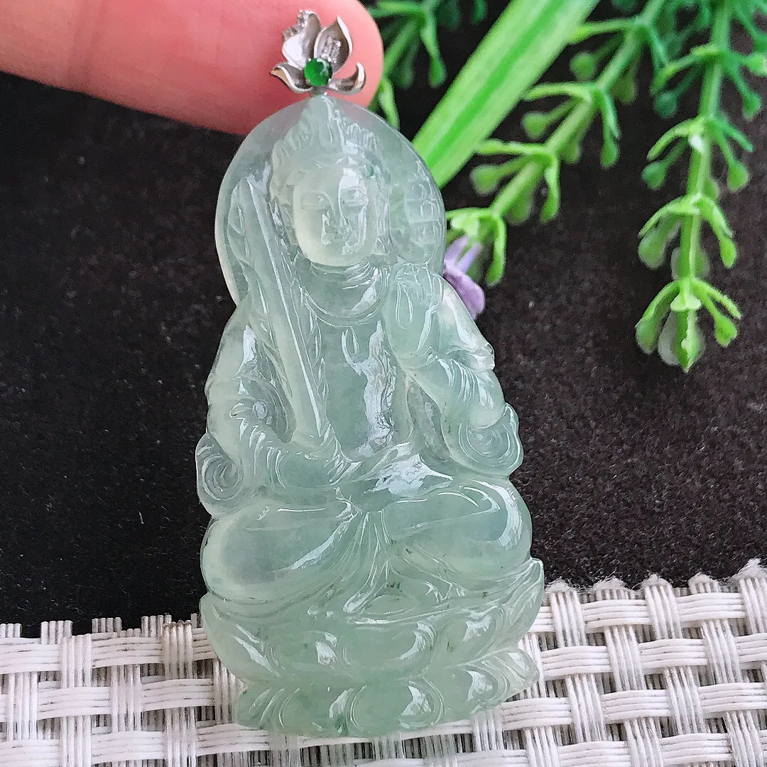天然A货翡翠52/28/5.5老坑18k金镶嵌冰种冰晴绿渡母菩萨吊坠翡翠玉挂件