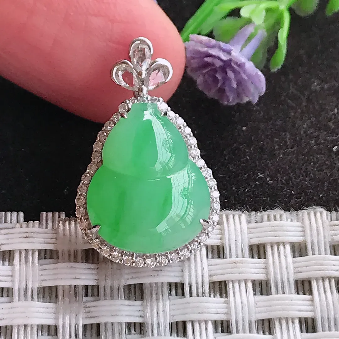 天然A货翡翠22.7/14/8.8老坑18k金镶嵌冰胶飘阳绿葫芦吊坠翡翠玉挂件