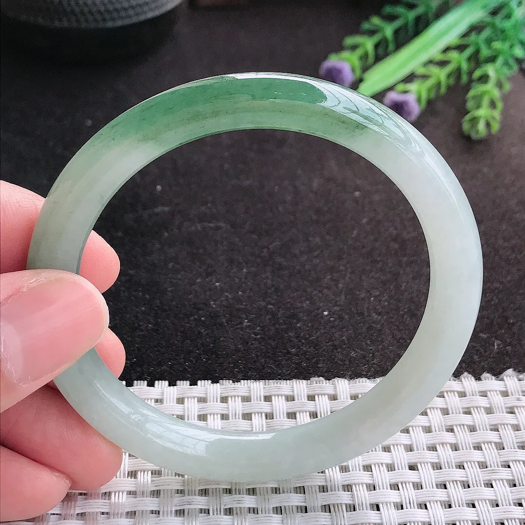 天然A货翡翠56/8.6/8.1老坑冰润油绿圆条手镯玉手镯