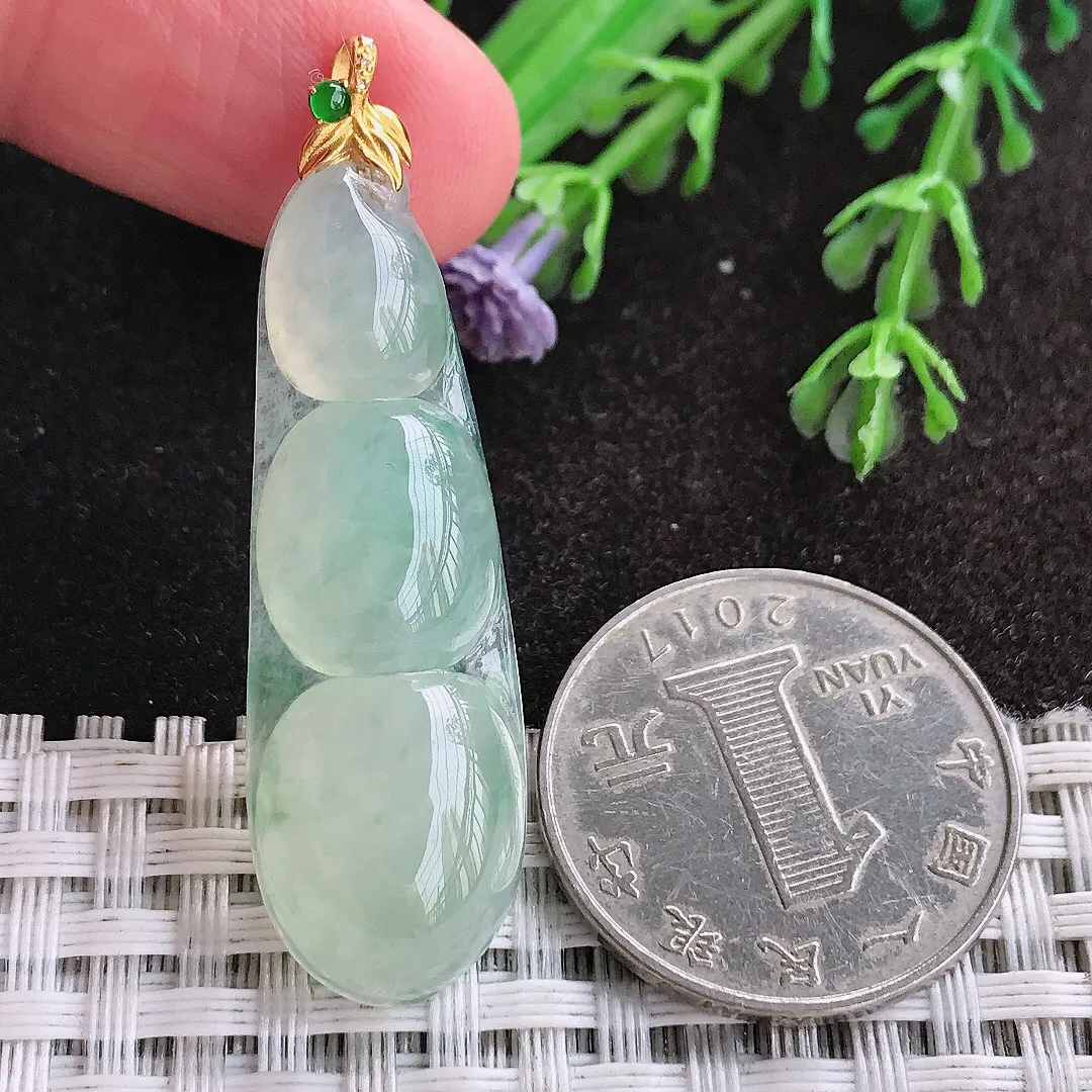 天然A货翡翠43/13.8/6老坑18k金镶嵌冰润起胶冰晴四季豆吊坠翡翠玉挂件