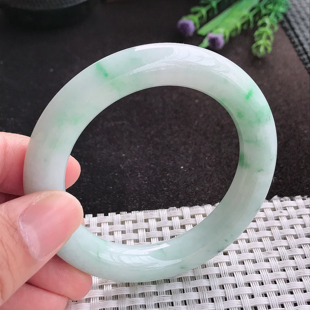 天然A货翡翠53/11/10.8老坑秀气温润飘花圆条手镯玉镯