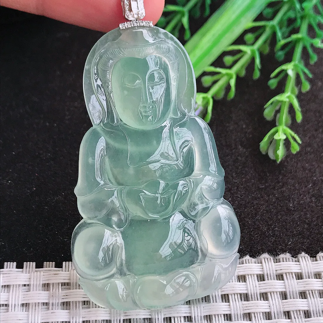 天然A货翡翠57.6/35.5/5.6老坑18k金镶嵌冰种果冻胶冰晴绿观音菩萨吊坠正装