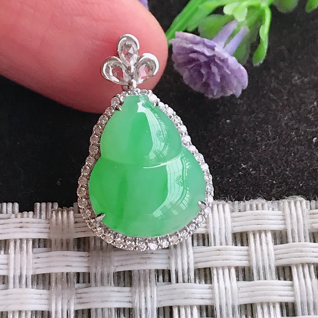 天然A货翡翠22.7/14/8.8老坑18k金镶嵌冰胶飘阳绿葫芦吊坠翡翠玉挂件