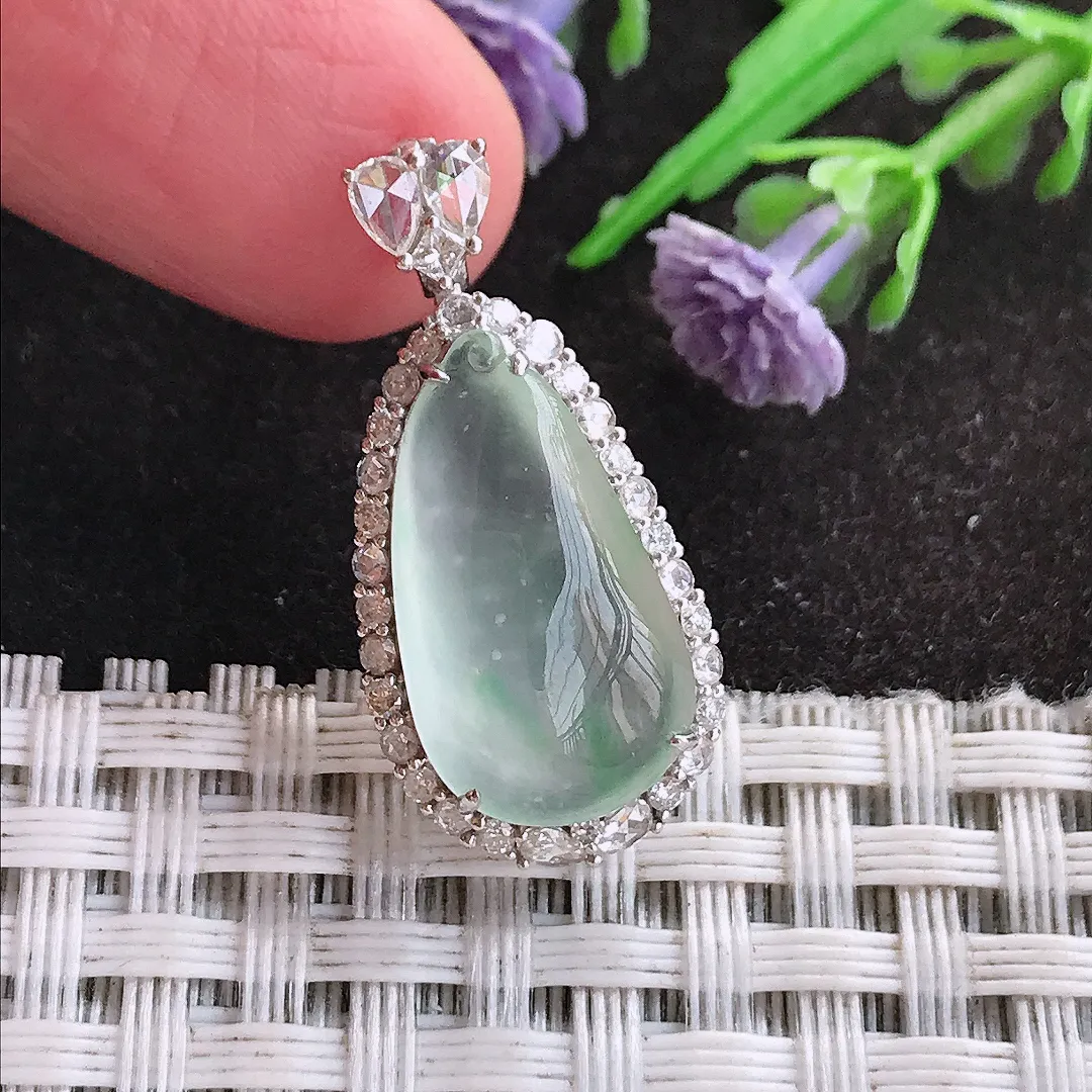 天然A货翡翠28/13.3/8.4老坑18k金镶嵌冰种福瓜吊坠翡翠玉挂件