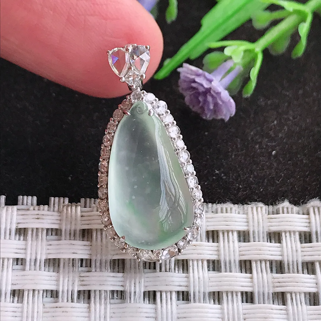 天然A货翡翠28/13.3/8.4老坑18k金镶嵌冰种福瓜吊坠翡翠玉挂件