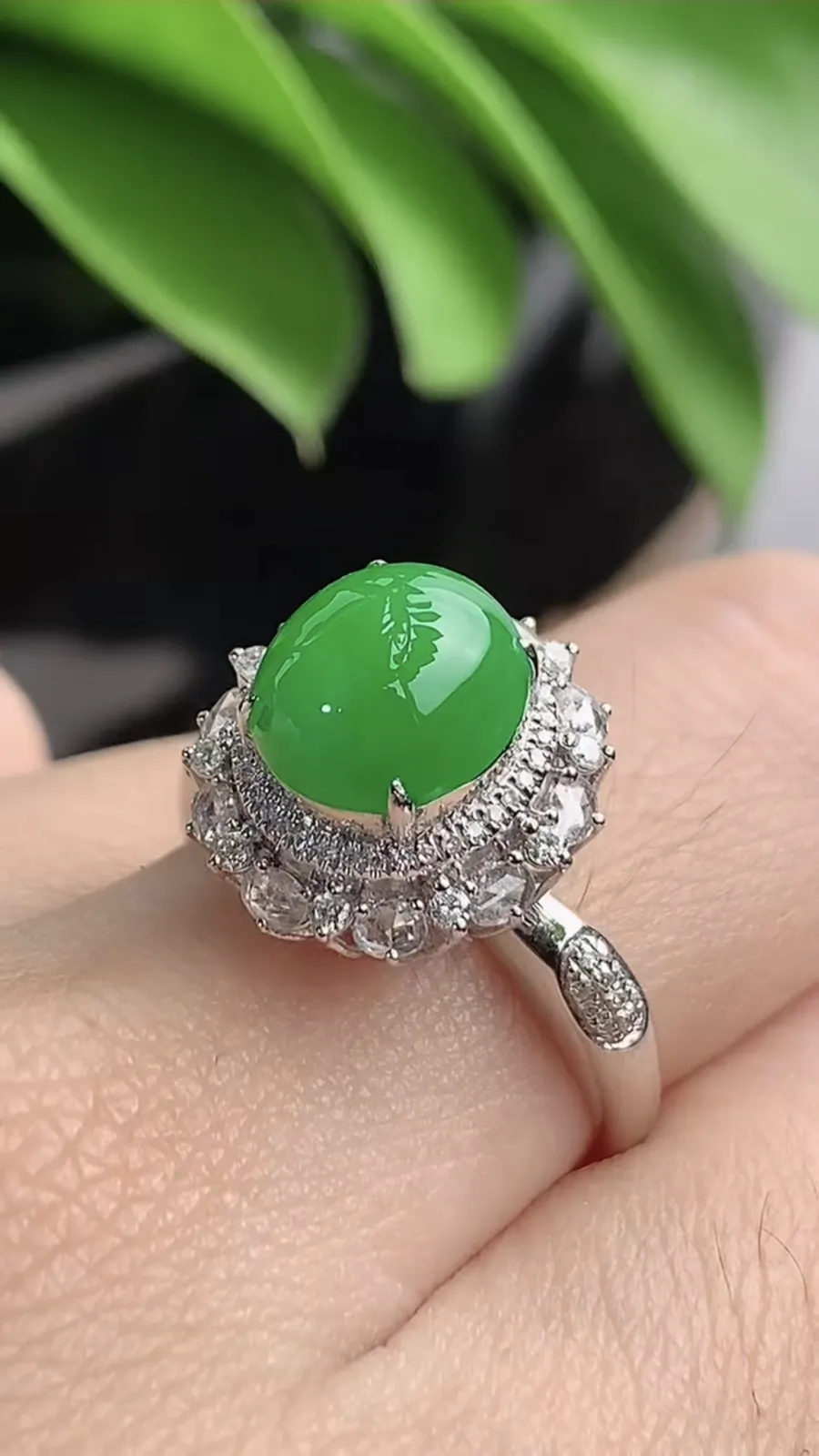 a货翡翠老坑冰种18K金伴钻镶嵌阳绿蛋面戒指 圈口17.7裸石尺寸9×8.6mm 重量3.74g 1