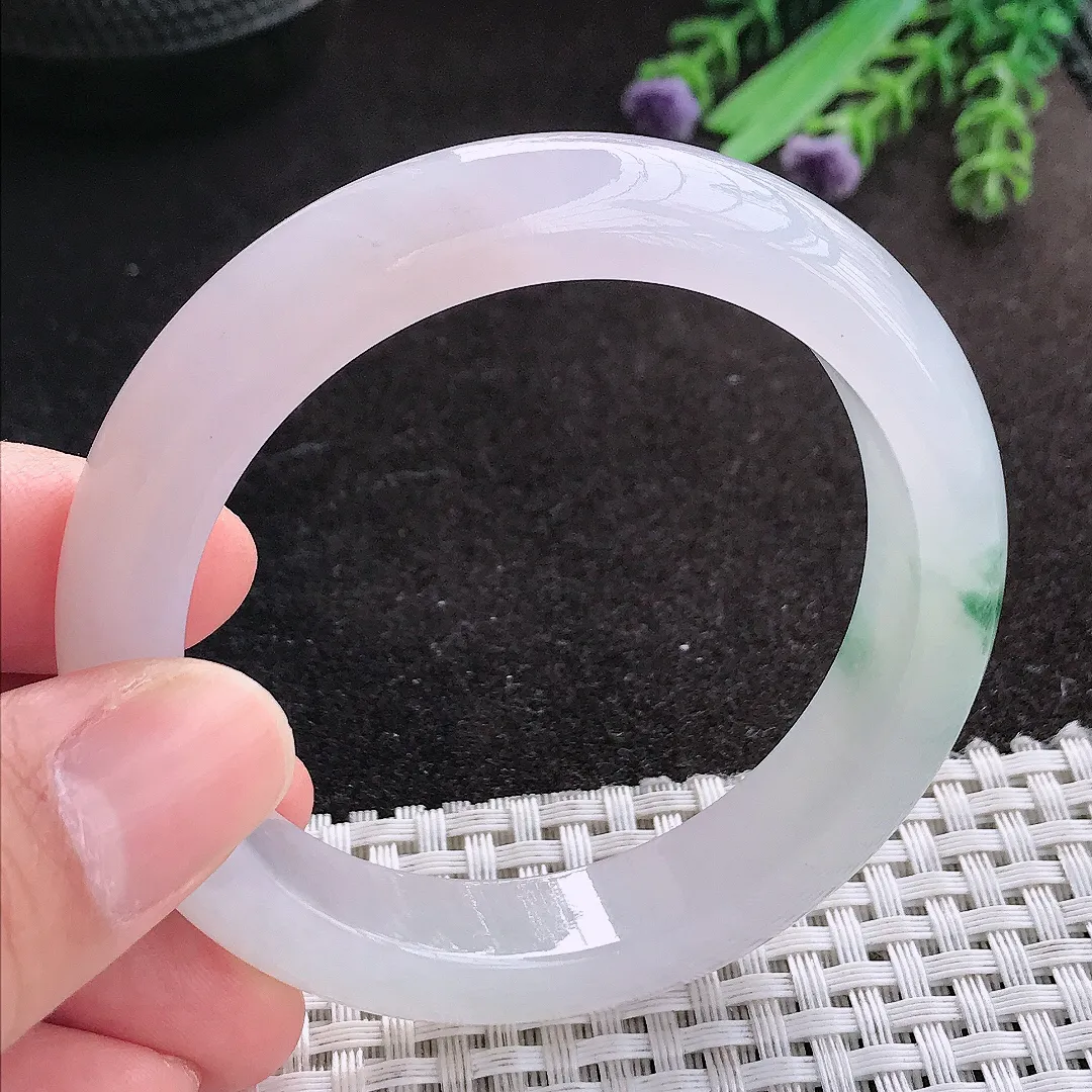 天然A货翡翠54/12.1/8.5老坑冰透果冻胶飘花手镯宽边玉镯