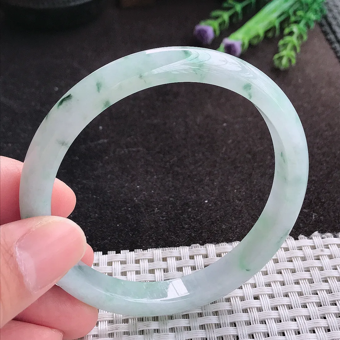 天然A货翡翠60.5/9.5/7.2老坑秀气冰润飘花手镯宽边玉镯