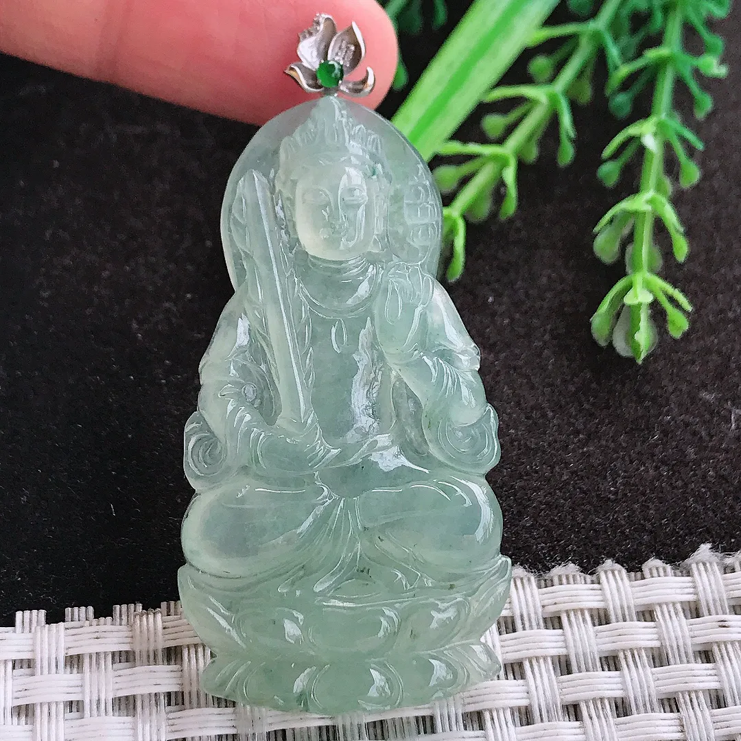 天然A货翡翠52/28/5.5老坑18k金镶嵌冰种冰晴绿渡母菩萨吊坠翡翠玉挂件