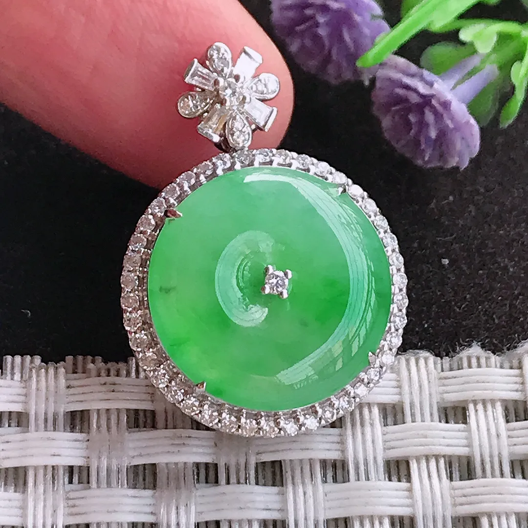 天然A货翡翠25.9/18.9/7.5老坑18k金镶嵌冰阳绿平安扣吊坠翡翠玉扣挂件