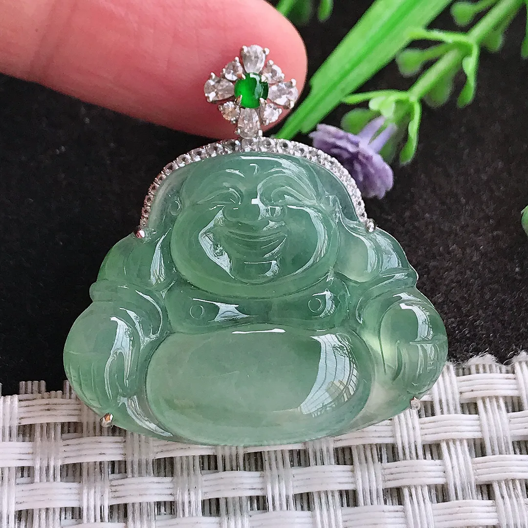 天然A货翡翠36.3/34.7/7.8老坑18k金镶嵌冰种冰晴绿佛公吊坠翡翠玉佛挂件
