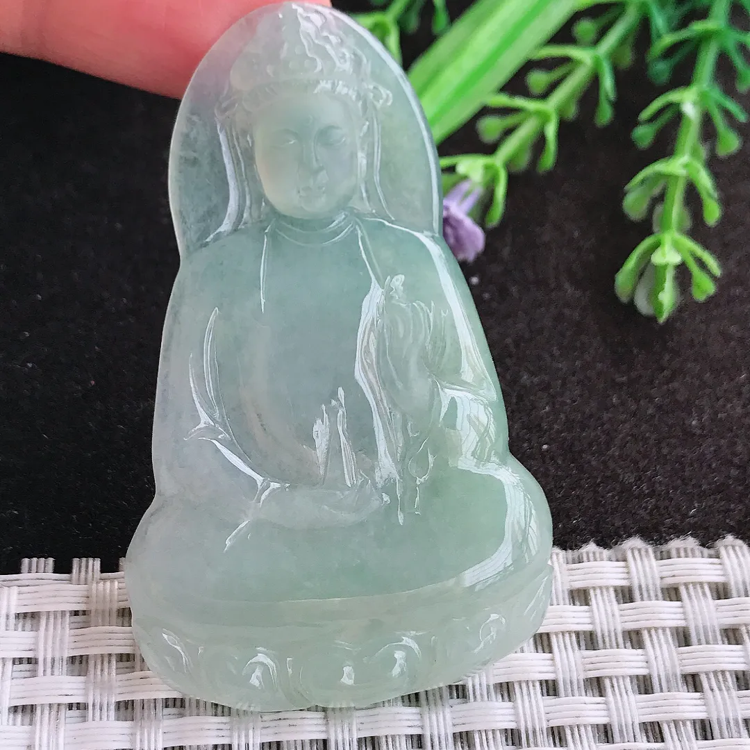 天然A货翡翠59.5/37.5/4.6老坑冰胶水灵冰晴素衣观音吊坠翡翠玉挂件