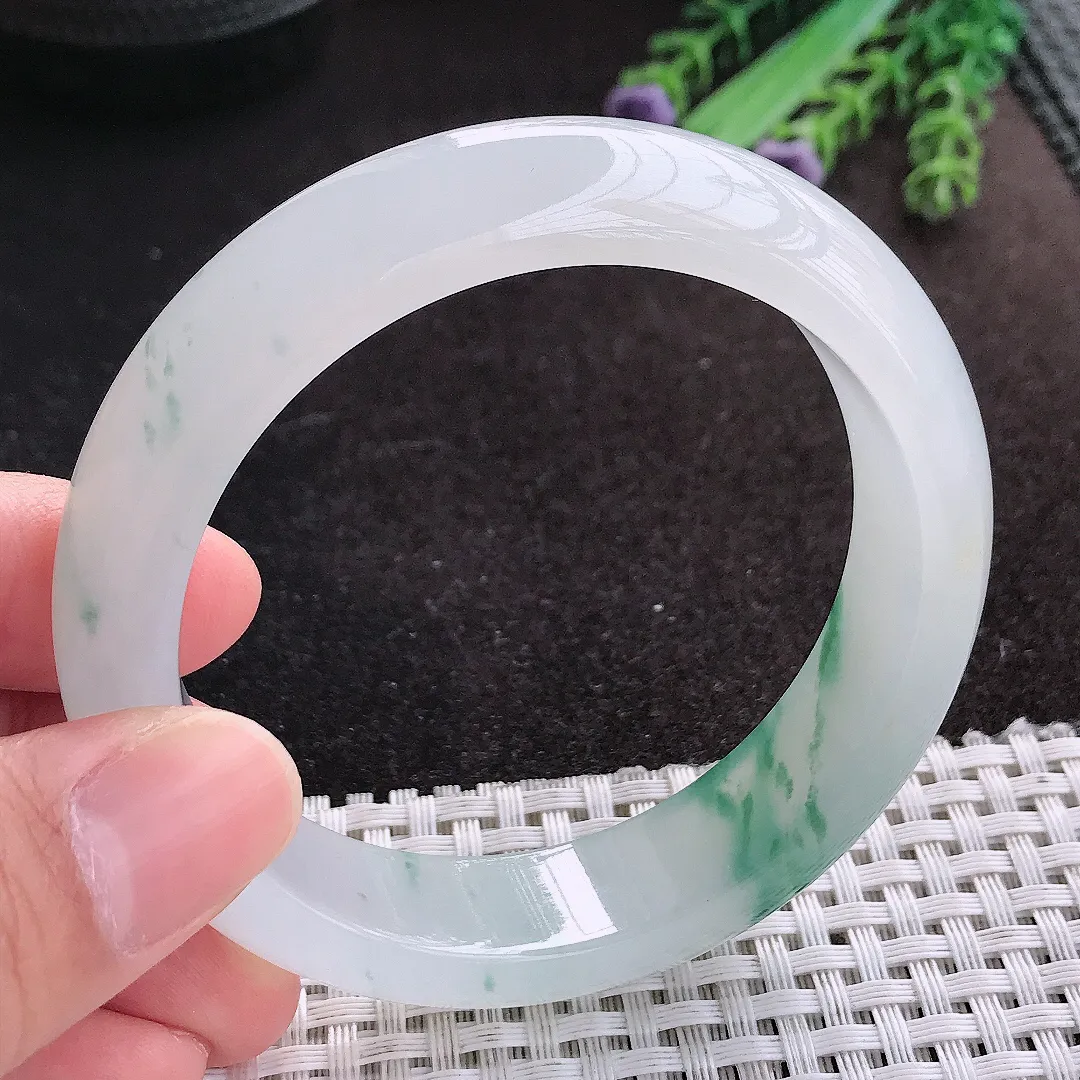 天然A货翡翠57/14.8/8.6老坑冰透果冻胶冰飘花手镯宽边玉镯