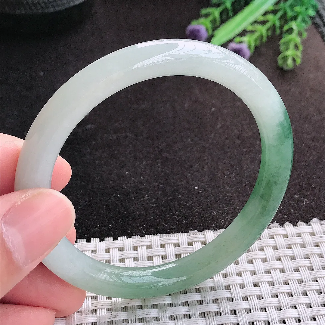 天然A货翡翠56/8.6/8.1老坑冰润油绿圆条手镯玉手镯