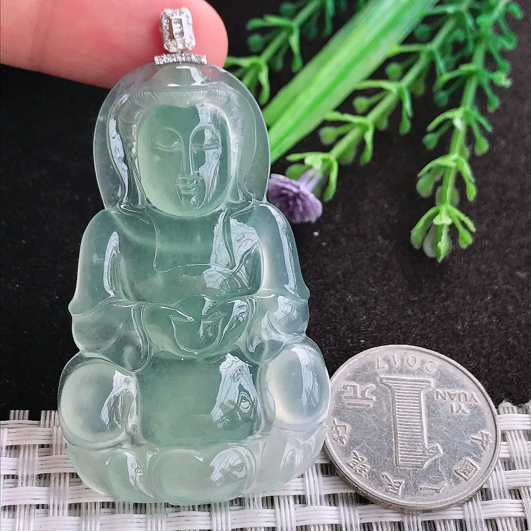 天然A货翡翠57.6/35.5/5.6老坑18k金镶嵌冰种果冻胶冰晴绿观音菩萨吊坠正装
