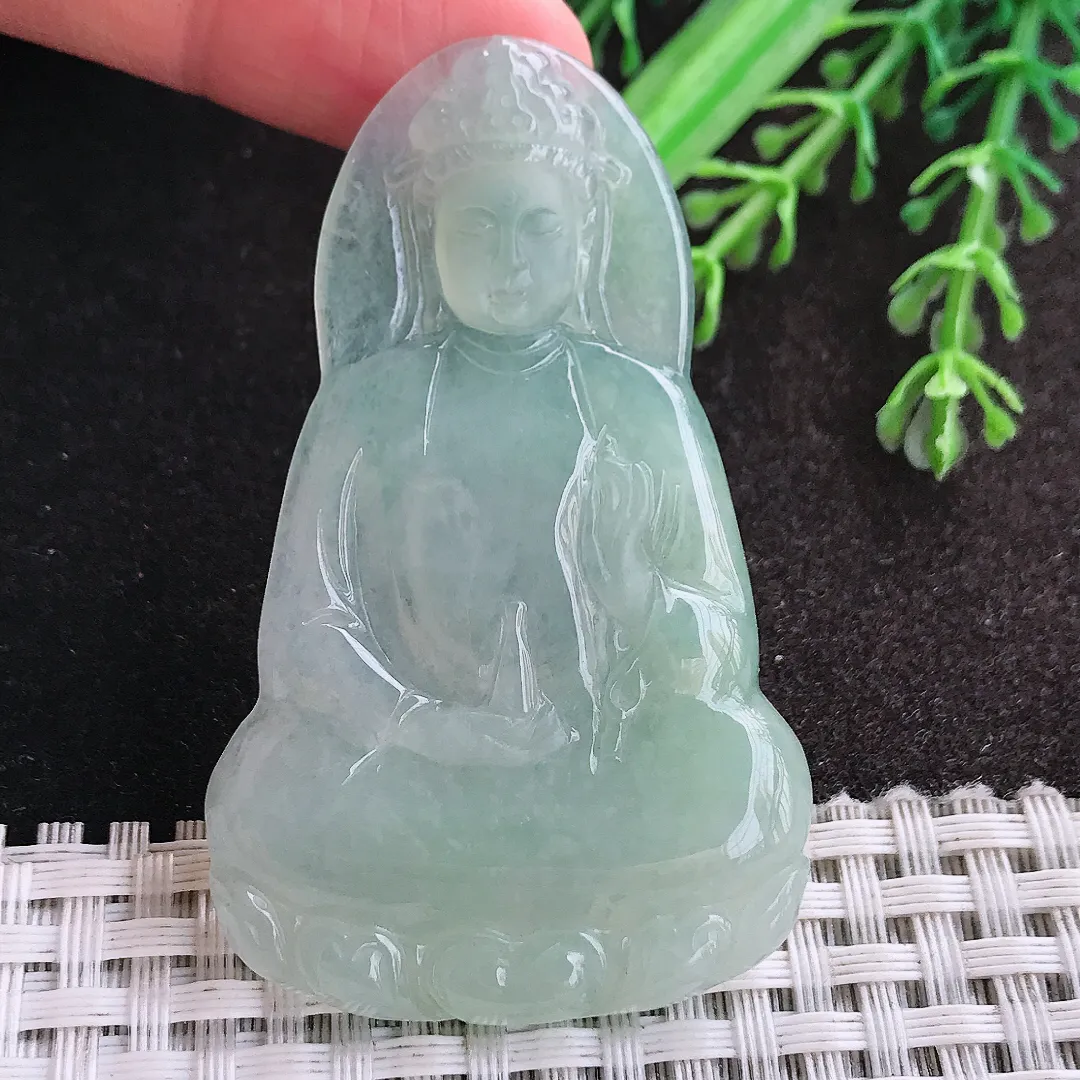 天然A货翡翠59.5/37.5/4.6老坑冰胶水灵冰晴素衣观音吊坠翡翠玉挂件