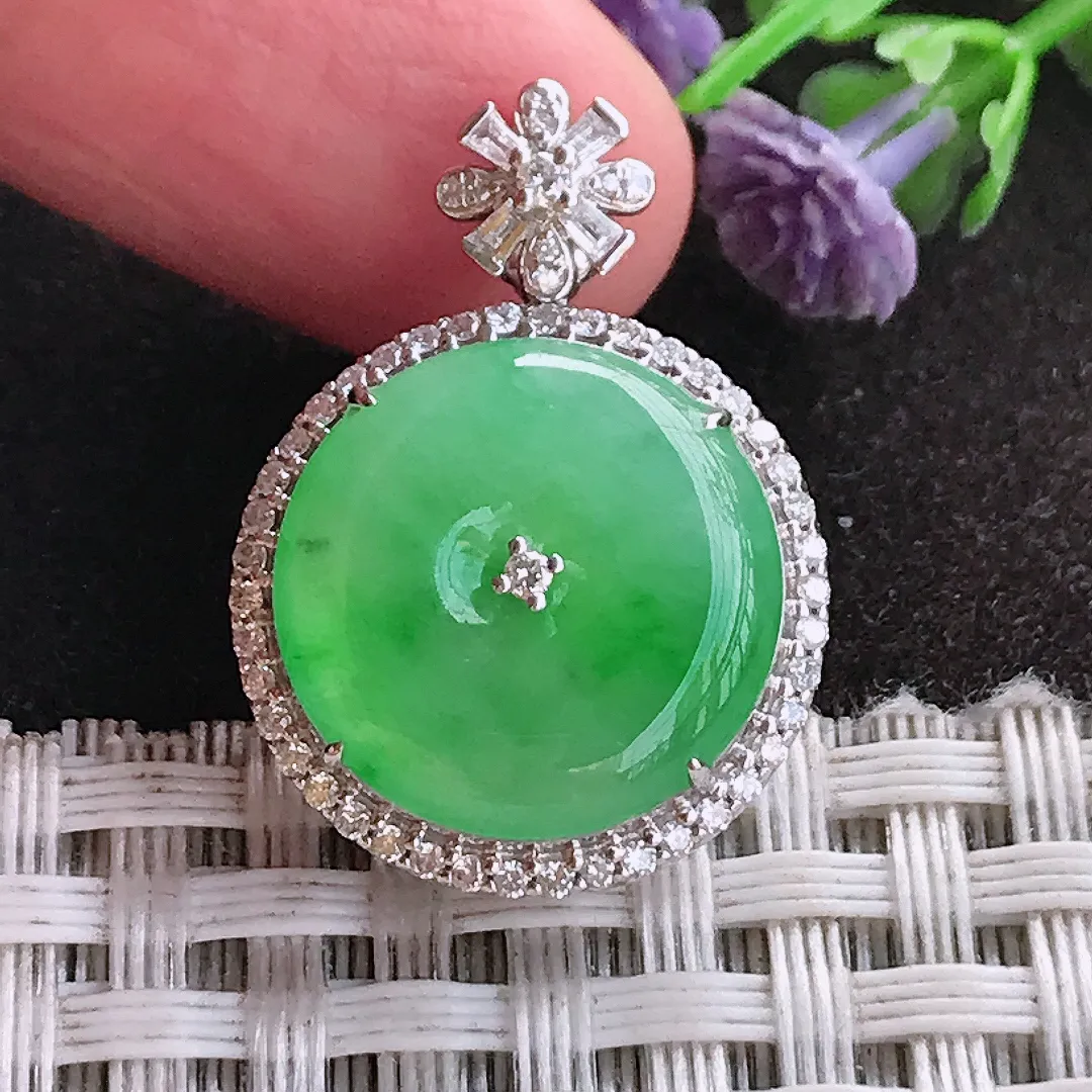 天然A货翡翠25.9/18.9/7.5老坑18k金镶嵌冰阳绿平安扣吊坠翡翠玉扣挂件