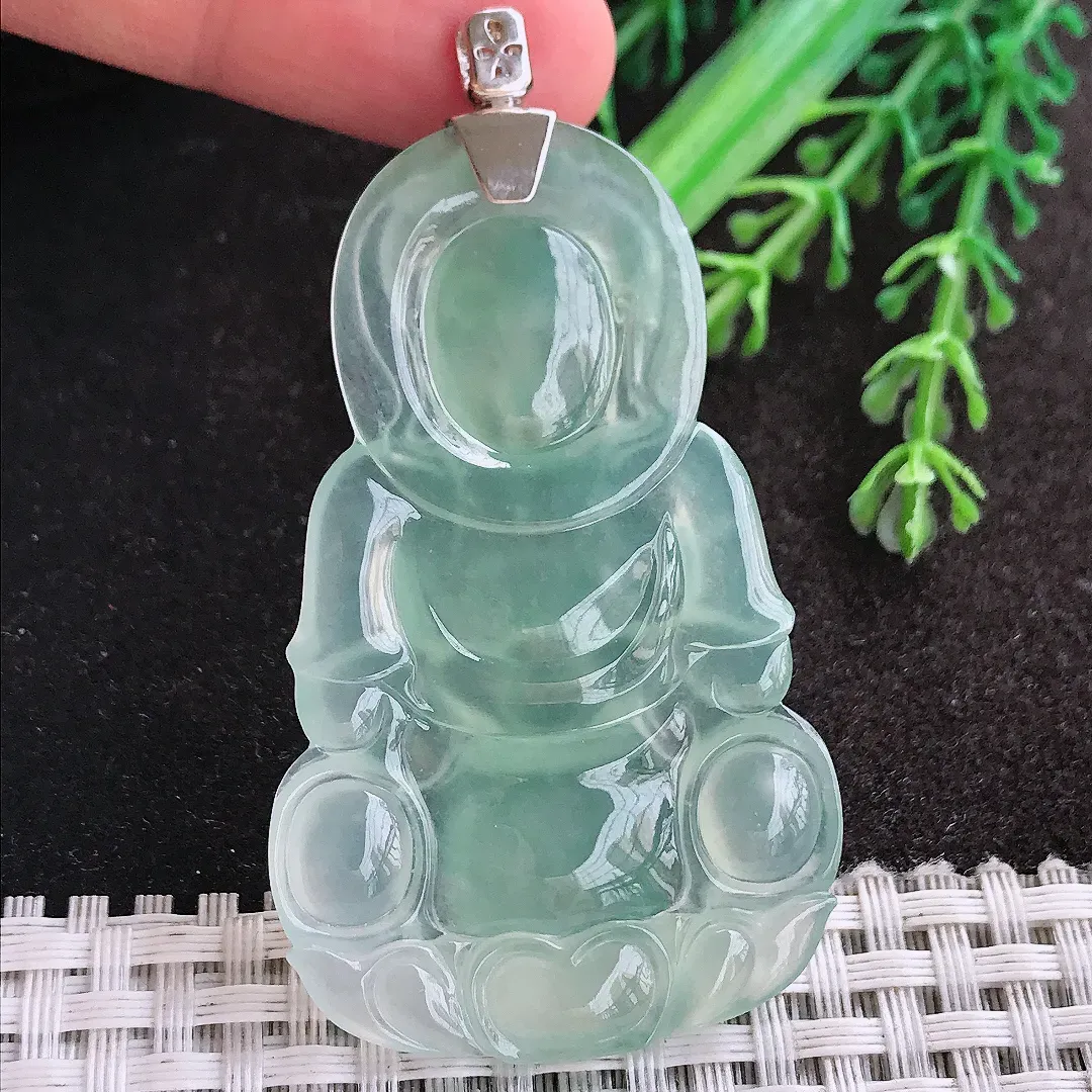 天然A货翡翠57.6/35.5/5.6老坑18k金镶嵌冰种果冻胶冰晴绿观音菩萨吊坠正装