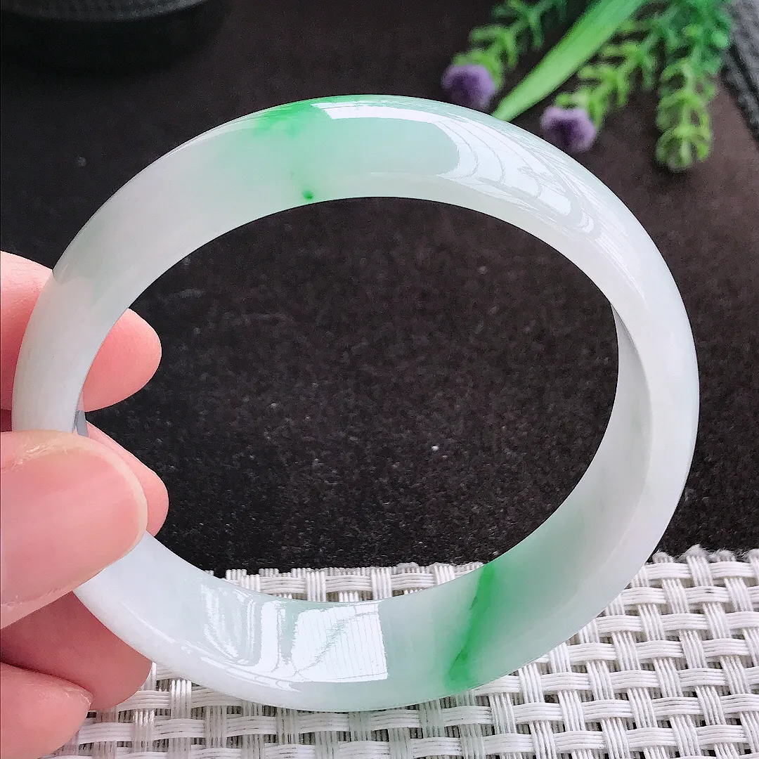 天然A货翡翠59/16/6.7老坑冰润白底青飘阳绿手镯宽边轮胎玉镯