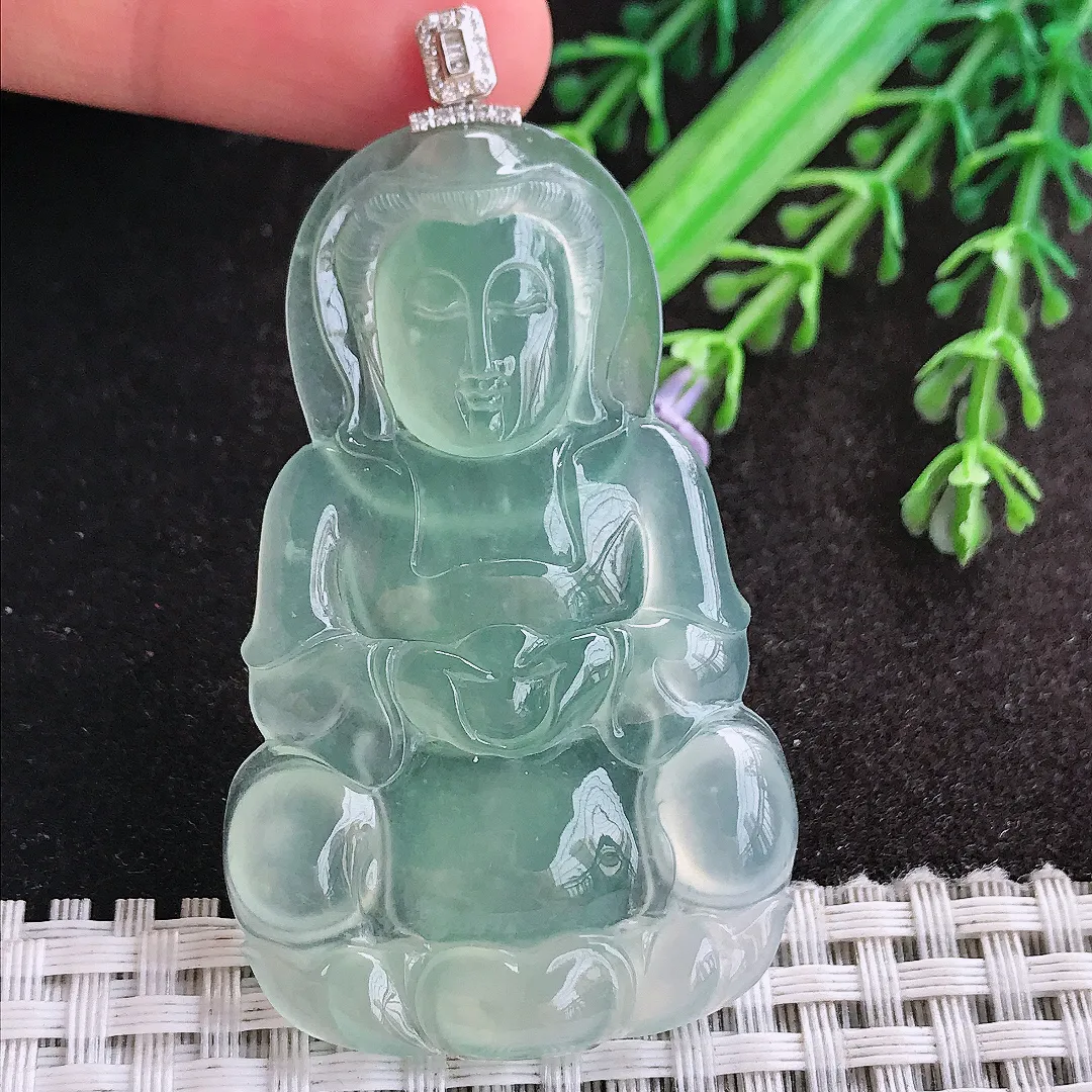 天然A货翡翠57.6/35.5/5.6老坑18k金镶嵌冰种果冻胶冰晴绿观音菩萨吊坠正装