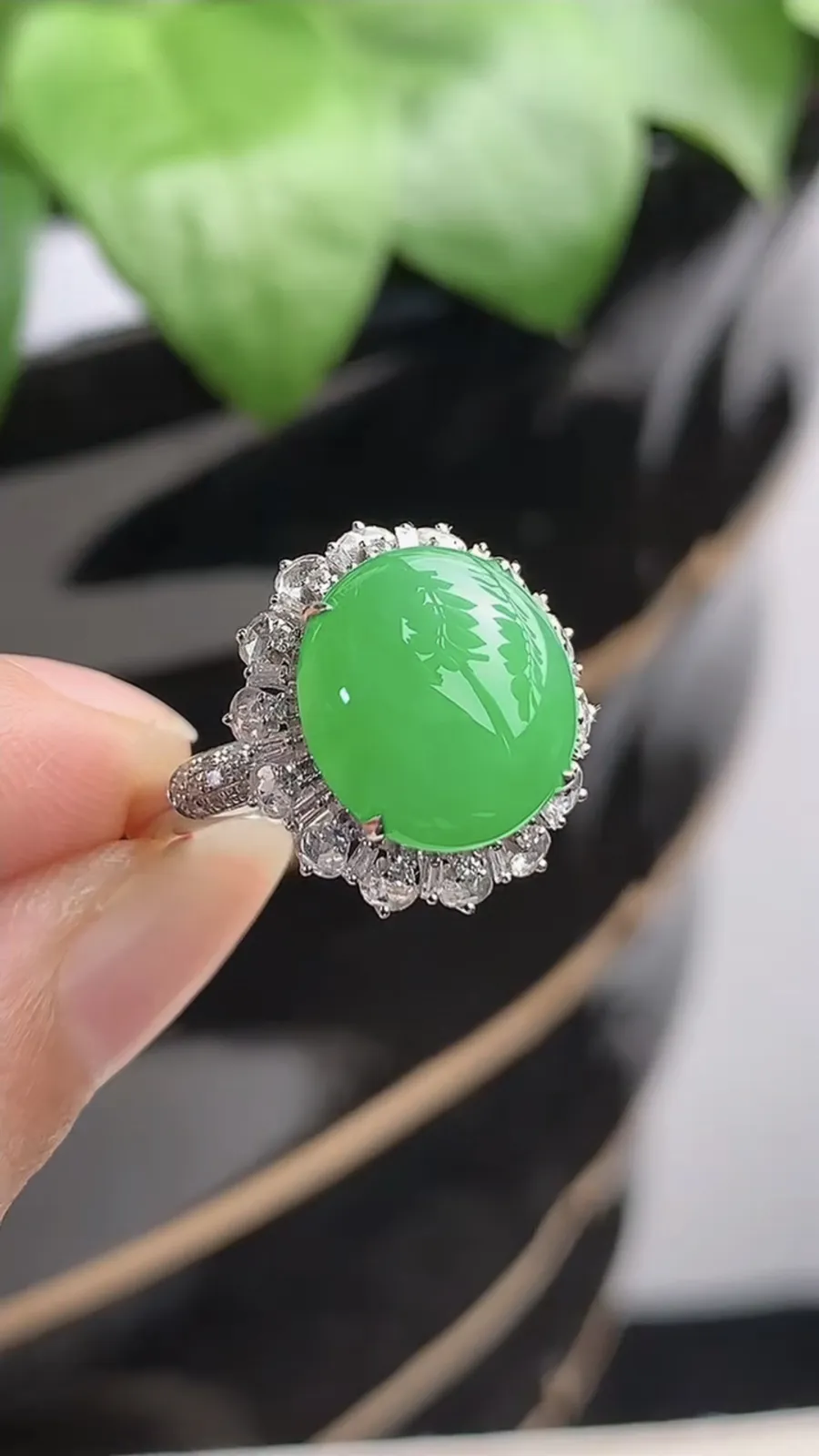 a货翡翠老坑冰种18K金伴钻镶嵌阳绿蛋面戒指 圈口17.6裸石尺寸11.5×10.5mm 重量3.82g 1204