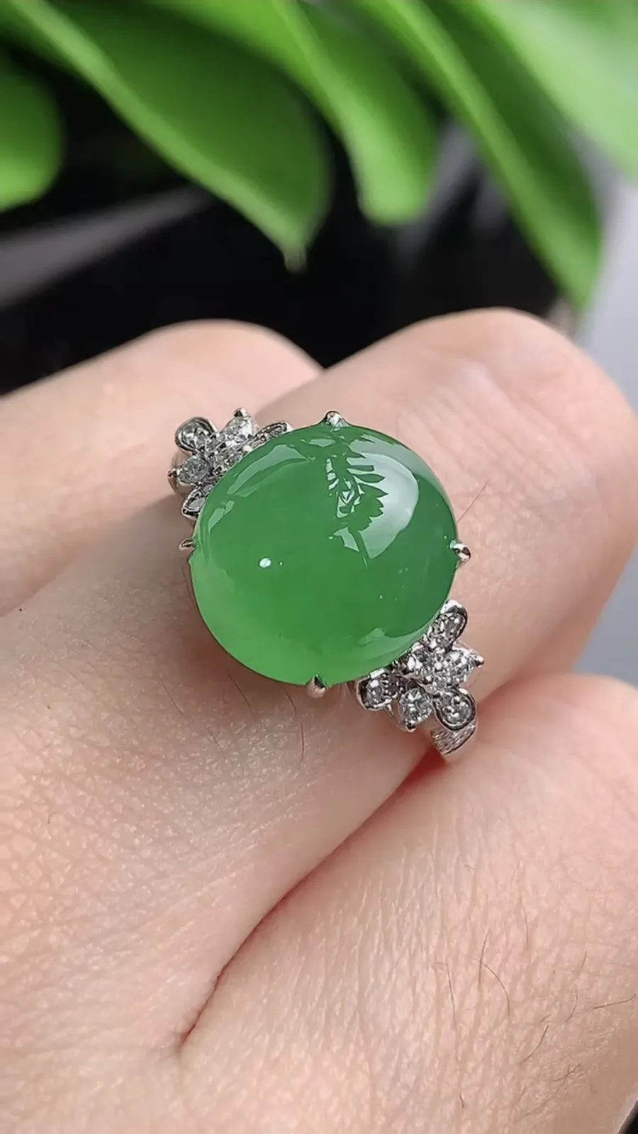 a货翡翠老坑冰种18K金伴钻镶嵌阳绿蛋面戒指 圈口17.3裸石尺寸11.5×10.6mm 重量5.00g 1203