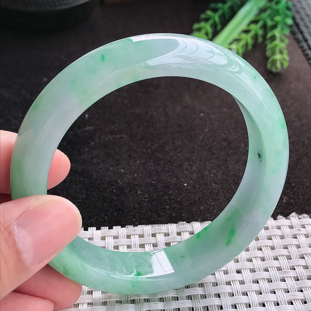 天然A货翡翠59/13.9/8.8老坑冰润起胶冰晴飘绿手镯宽边玉手镯