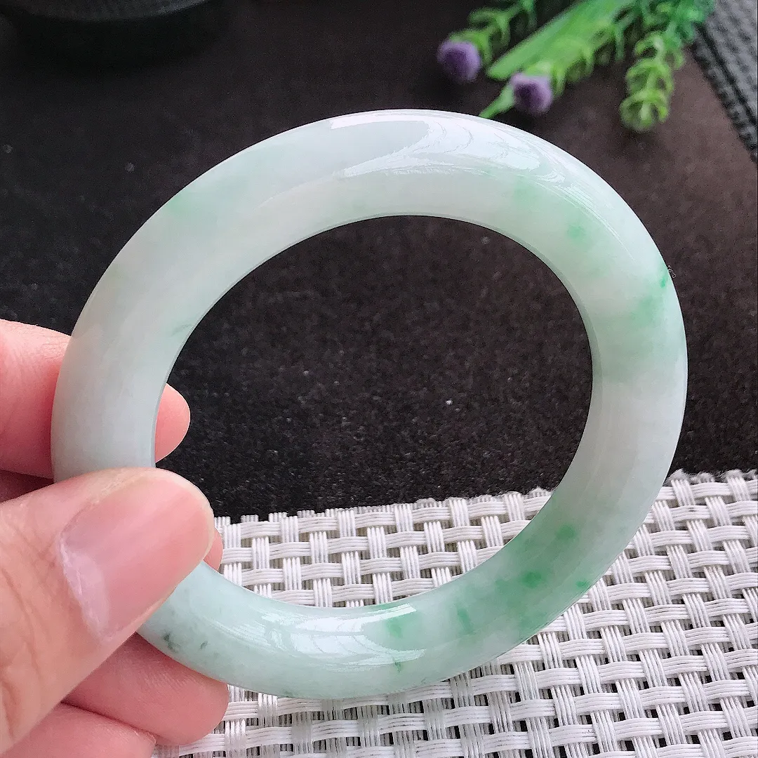 天然A货翡翠53/11/10.8老坑秀气温润飘花圆条手镯玉镯