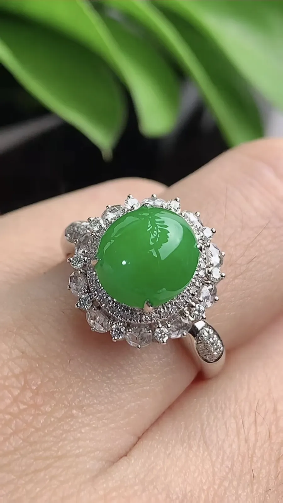 a货翡翠老坑冰种18K金伴钻镶嵌阳绿蛋面戒指 圈口17.7裸石尺寸9×8.6mm 重量3.74g 1203