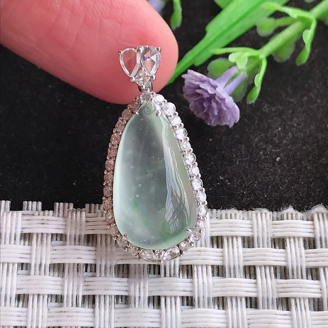 天然A货翡翠28/13.3/8.4老坑18k金镶嵌冰种福瓜吊坠翡翠玉挂件