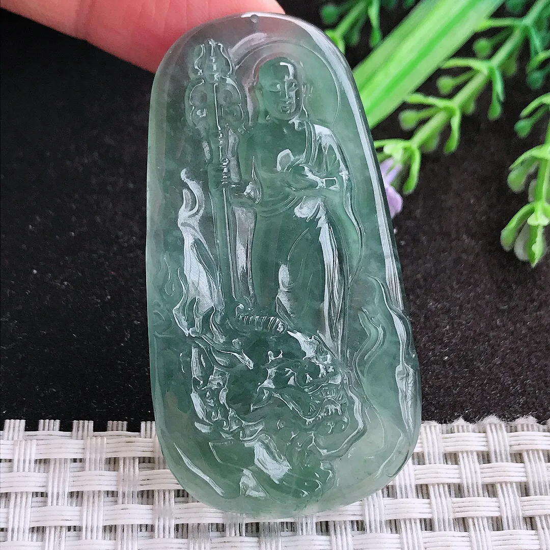 天然A货翡翠58.9/31.8/5.3老坑冰胶水灵蓝韵地藏王菩萨吊坠翡翠玉挂件