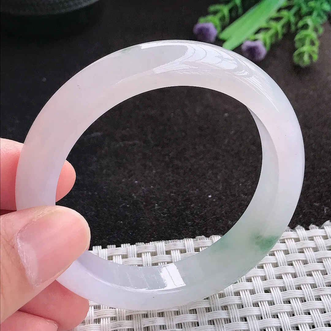 天然A货翡翠54/12.1/8.5老坑冰透果冻胶飘花手镯宽边玉镯