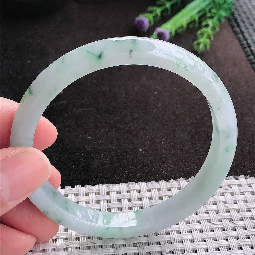 天然A货翡翠60.5/9.5/7.2老坑秀气冰润飘花手镯宽边玉镯