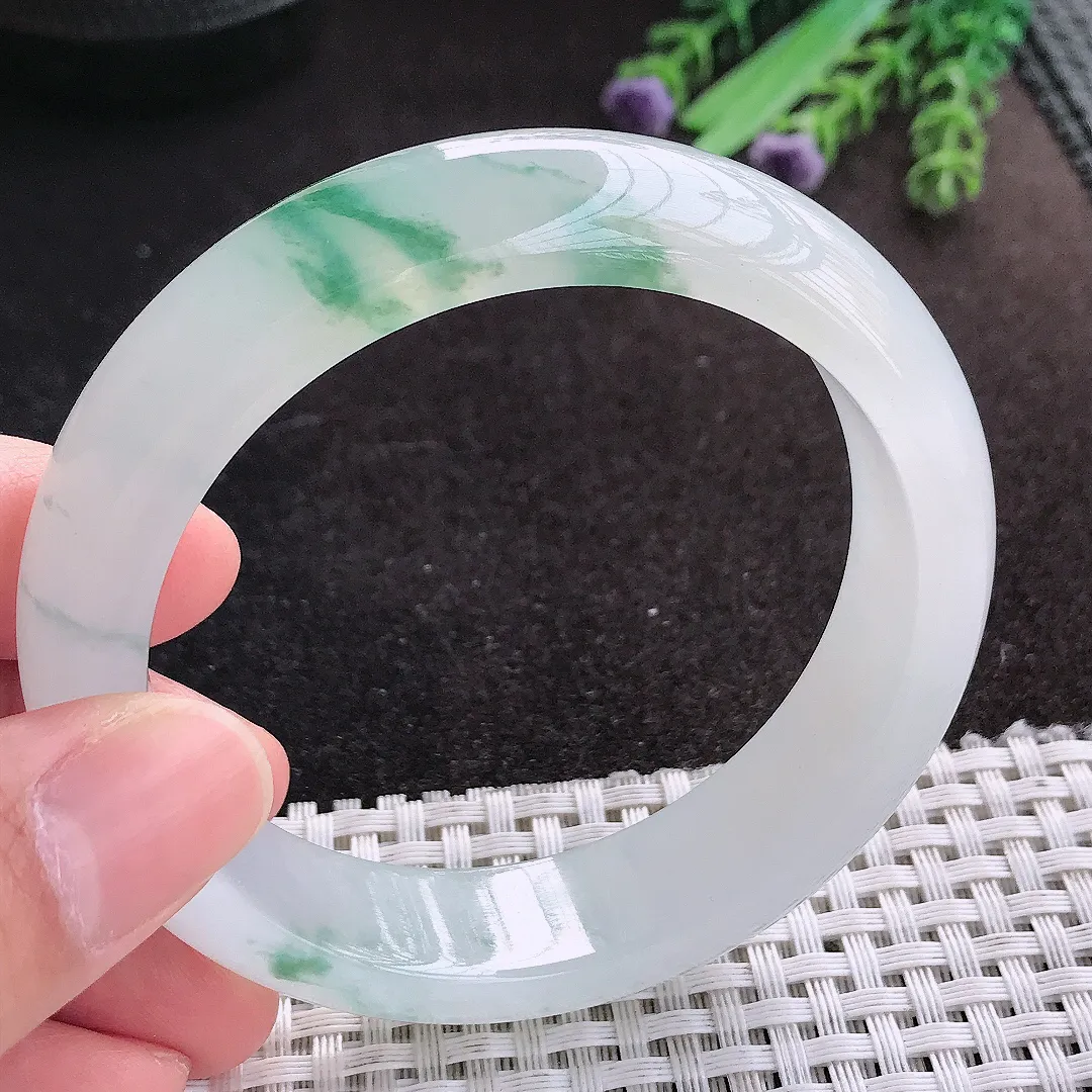 天然A货翡翠57/14.8/8.6老坑冰透果冻胶冰飘花手镯宽边玉镯