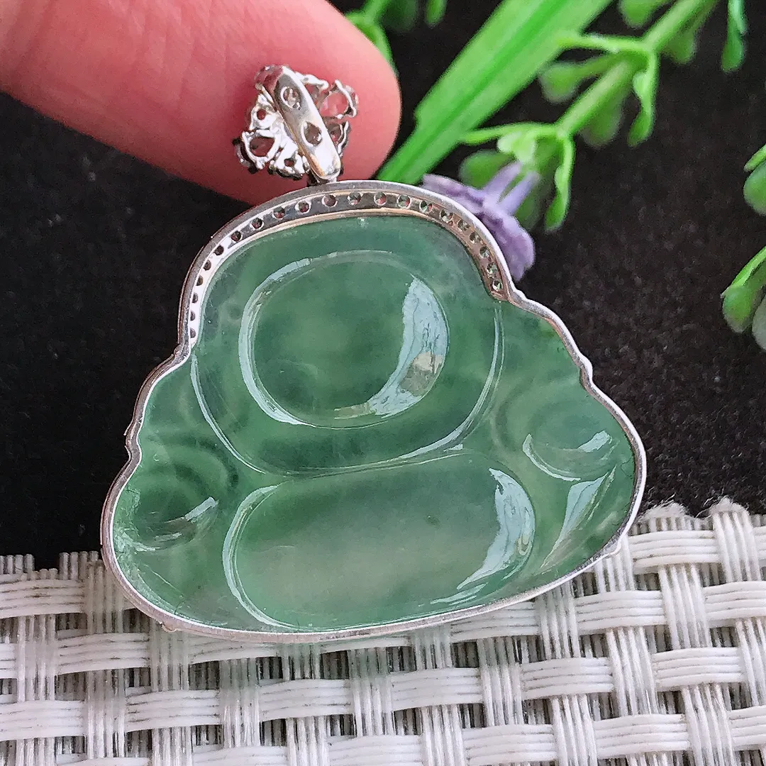 天然A货翡翠36.3/34.7/7.8老坑18k金镶嵌冰种冰晴绿佛公吊坠翡翠玉佛挂件