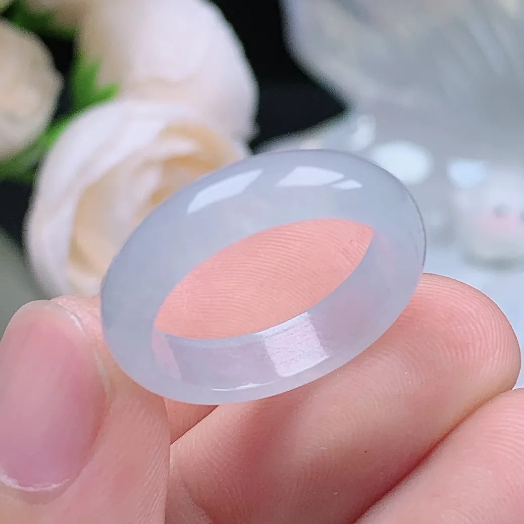 缅甸翡翠老坑冰种翡翠水润起胶白月光戒指玉指环  水润通透 尺寸：18-5.3-2.9mm 17号圈口4S